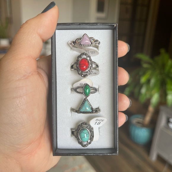 Jewelry - NWT Five Bohemian Jeweled Silver Turquoise Ring Set Bundle Size 8